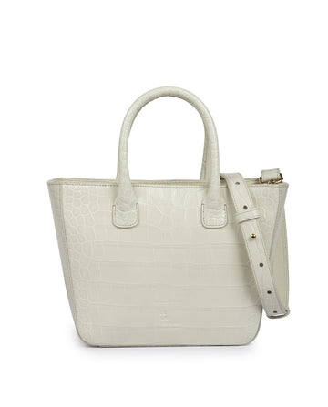 Imagen de bolso tipo trapecio de piel grabada en coco blanco roto Leandra. Bolso blanco made in Spain Leandra